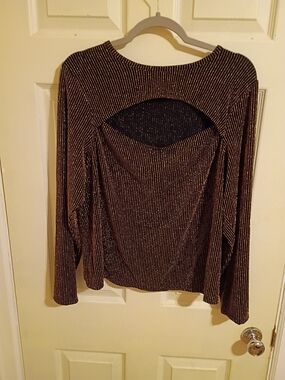 Michael Kors Women's 1X Black Gold Metallic Striped Knit Crew Neck Top